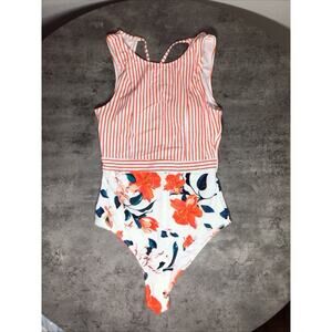 Cupshe One Piece Women’s Floral and Striped Pull-On High Neck Swim Suit-Medium